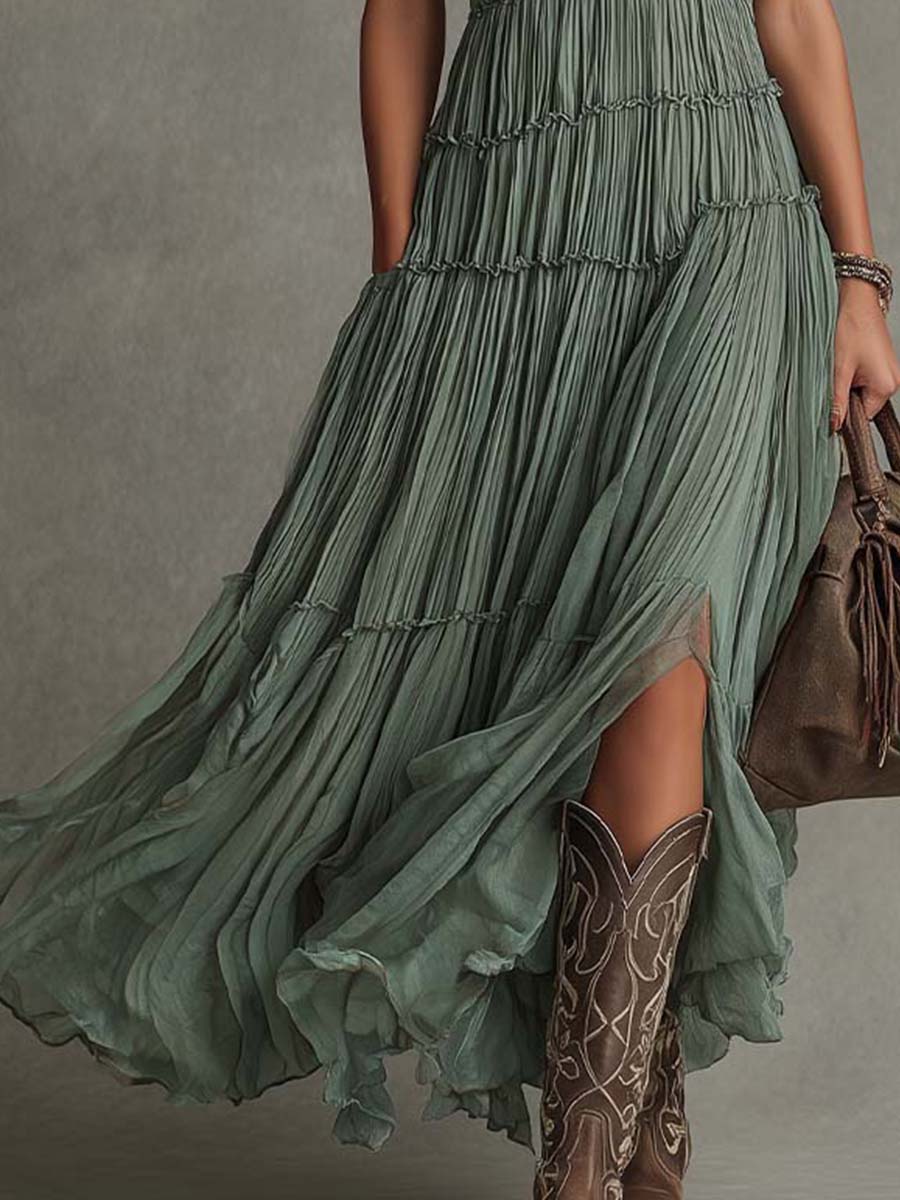 Effortless Tiered Maxi Dress for Women with V Neck Sleeveless Ruffle Slit Bohemian Style