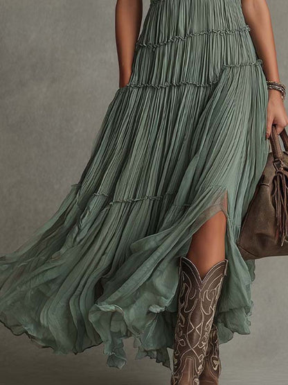 Effortless Tiered Maxi Dress for Women with V Neck Sleeveless Ruffle Slit Bohemian Style