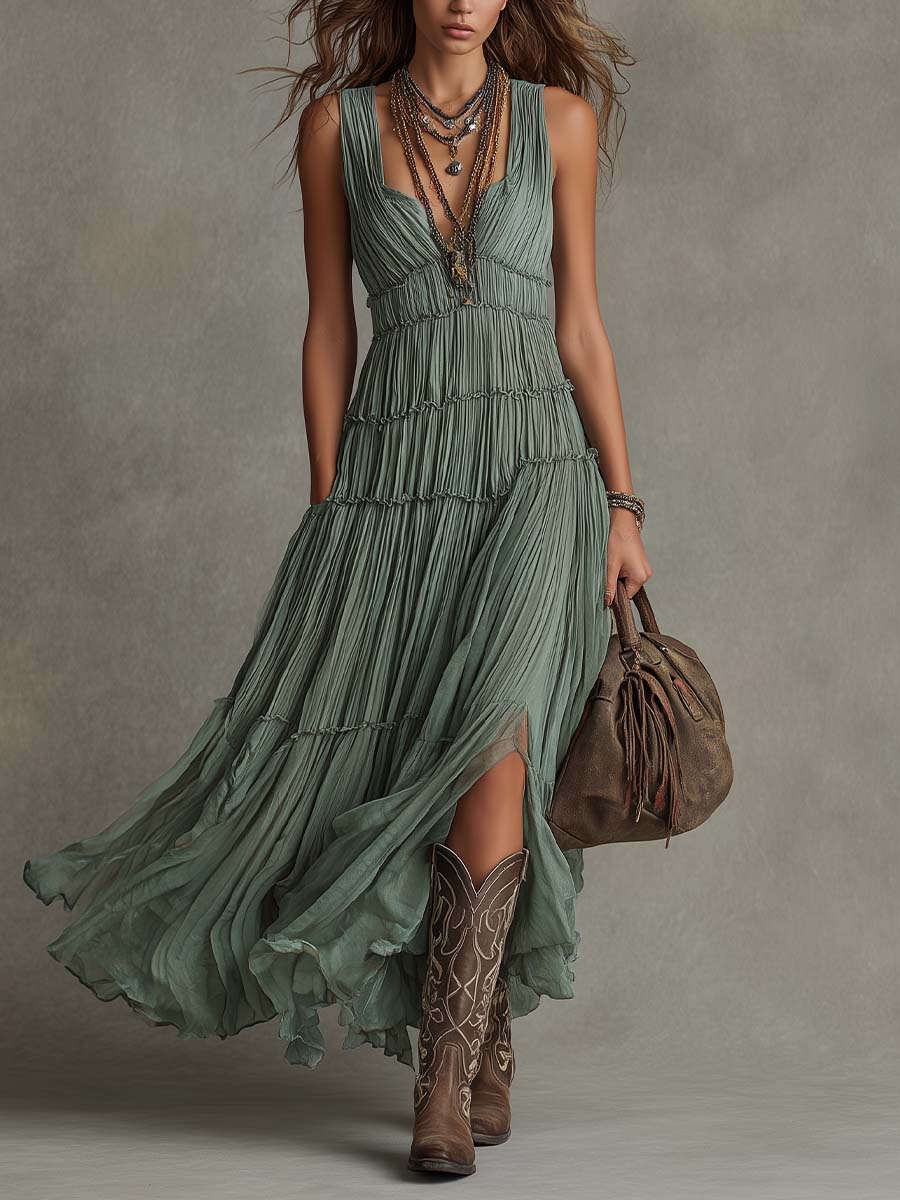 Effortless Tiered Maxi Dress for Women with V Neck Sleeveless Ruffle Slit Bohemian Style