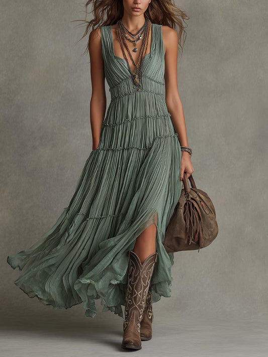 Effortless Tiered Maxi Dress for Women with V Neck Sleeveless Ruffle Slit Bohemian Style