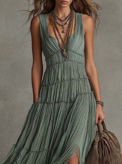 Effortless Tiered Maxi Dress for Women with V Neck Sleeveless Ruffle Slit Bohemian Style