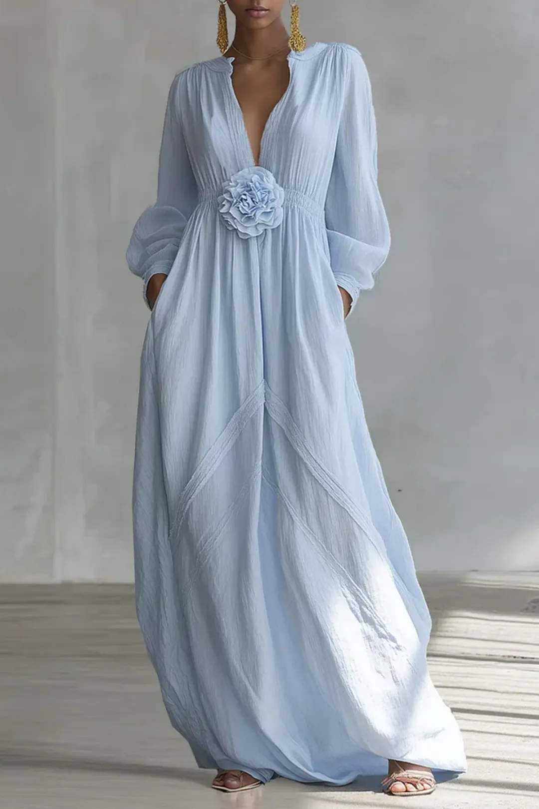 Elegant Blue Maxi Dress for Women with V Neck Bishop Sleeve Floral Applique Flowing Style