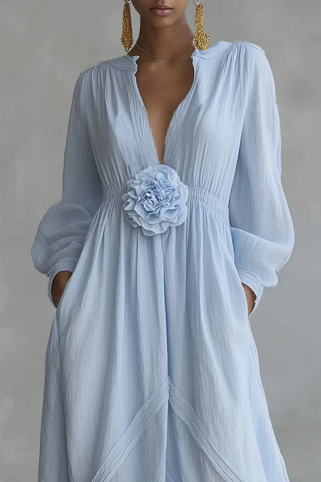 Elegant Blue Maxi Dress for Women with V Neck Bishop Sleeve Floral Applique Flowing Style