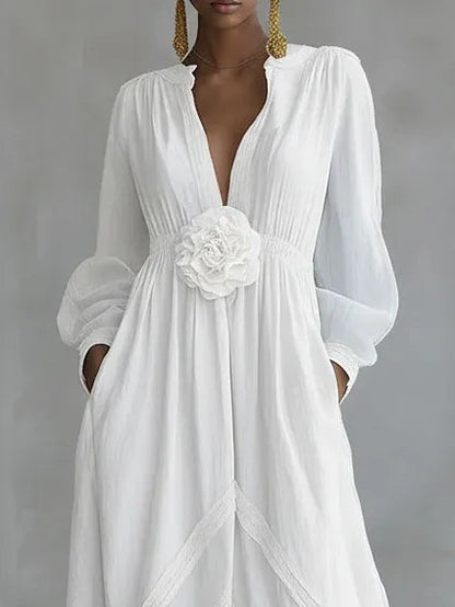 Elegant White Maxi Dress for Women with V Neck Bishop Sleeve Floral Waist Flowing Bohemian Style