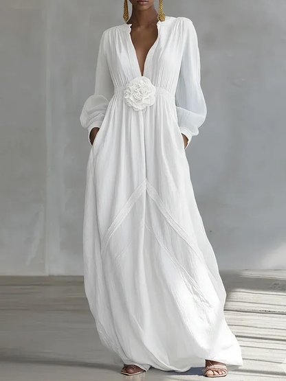 Elegant White Maxi Dress for Women with V Neck Bishop Sleeve Floral Waist Flowing Bohemian Style