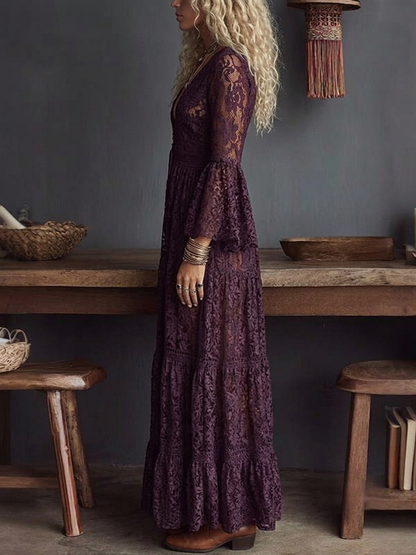 Effortless Purple Lace Maxi Dress for Women with V Neck Bell Sleeve Tiered Flowing Bohemian Style