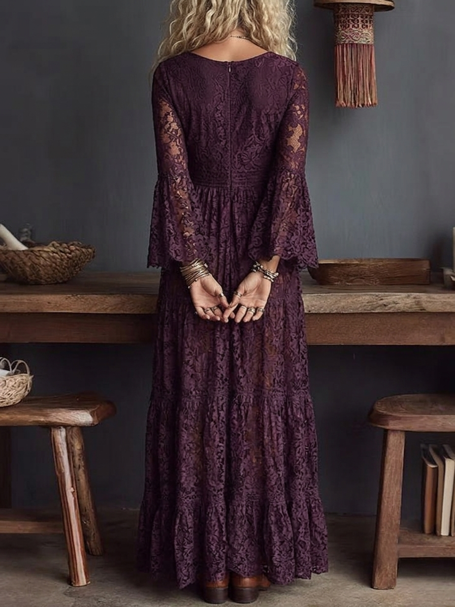 Effortless Purple Lace Maxi Dress for Women with V Neck Bell Sleeve Tiered Flowing Bohemian Style