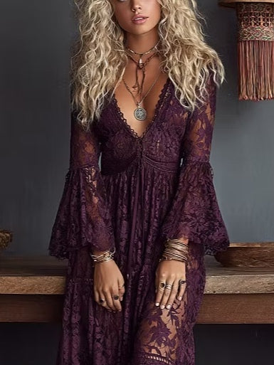 Effortless Purple Lace Maxi Dress for Women with V Neck Bell Sleeve Tiered Flowing Bohemian Style