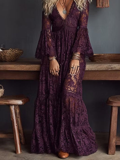 Effortless Purple Lace Maxi Dress for Women with V Neck Bell Sleeve Tiered Flowing Bohemian Style