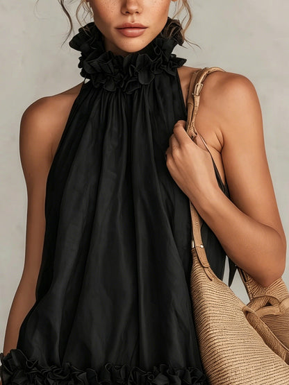 Elegant Black Organza Mini Dress for Women with Ruffle High Neck Halter Tiered Flowing Style