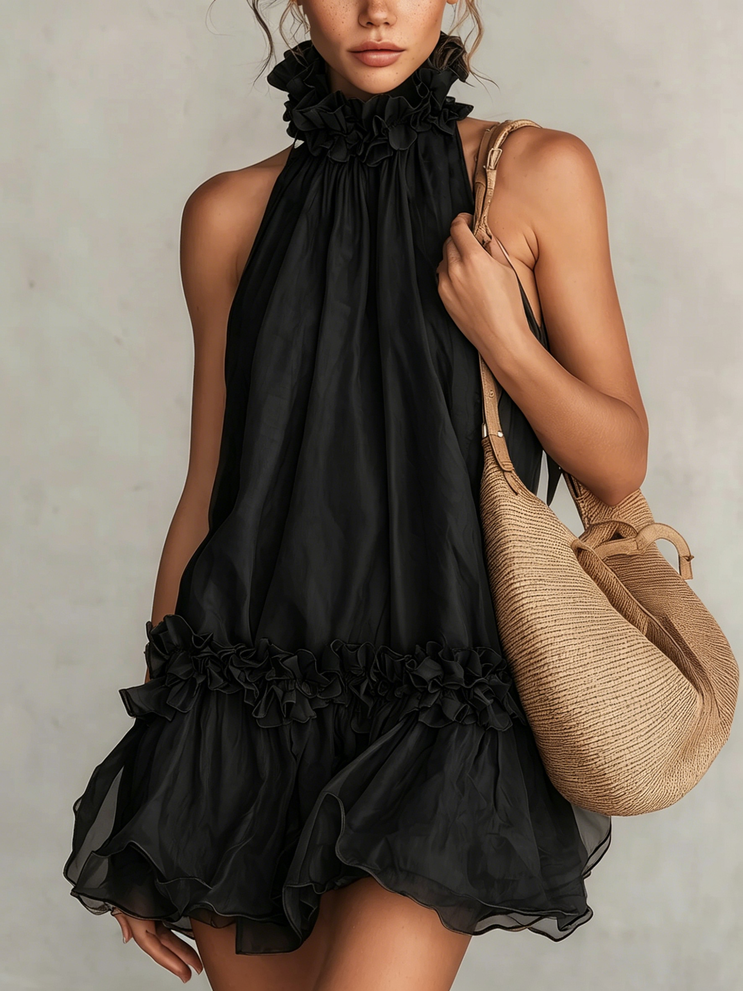 Elegant Black Organza Mini Dress for Women with Ruffle High Neck Halter Tiered Flowing Style