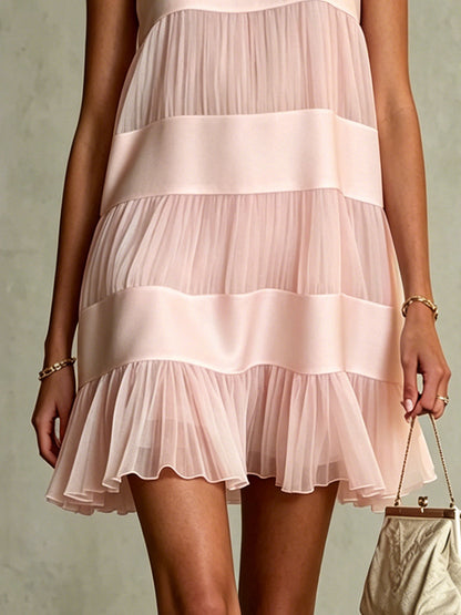 Elegant Light Pink Tiered Mini Dress for Women with Round Neck Sleeveless Pleated Ruffle Flowing Style