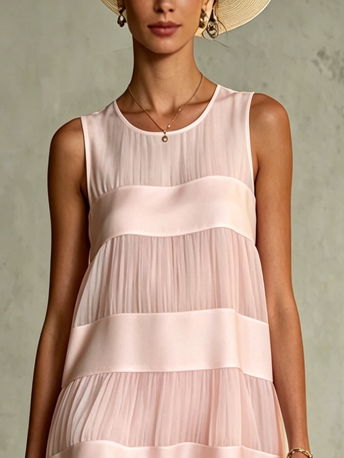 Elegant Light Pink Tiered Mini Dress for Women with Round Neck Sleeveless Pleated Ruffle Flowing Style