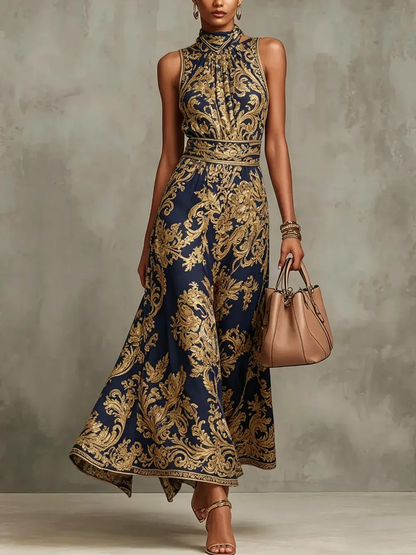 Elegant Navy Gold Baroque Print Maxi Dress for Women with High Neck Sleeveless Belted Flowing Formal Wedding Guest Style