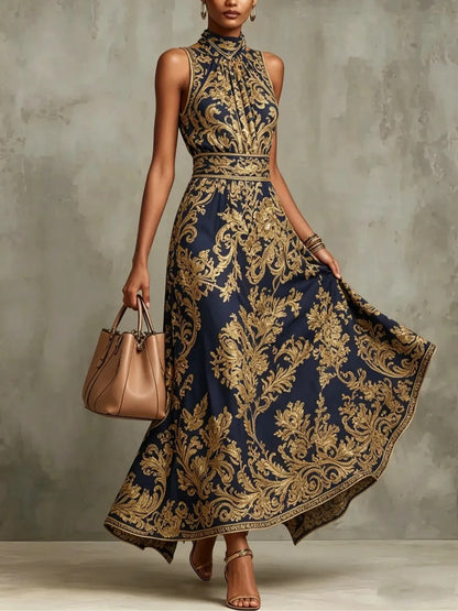 Elegant Navy Gold Baroque Print Maxi Dress for Women with High Neck Sleeveless Belted Flowing Formal Wedding Guest Style