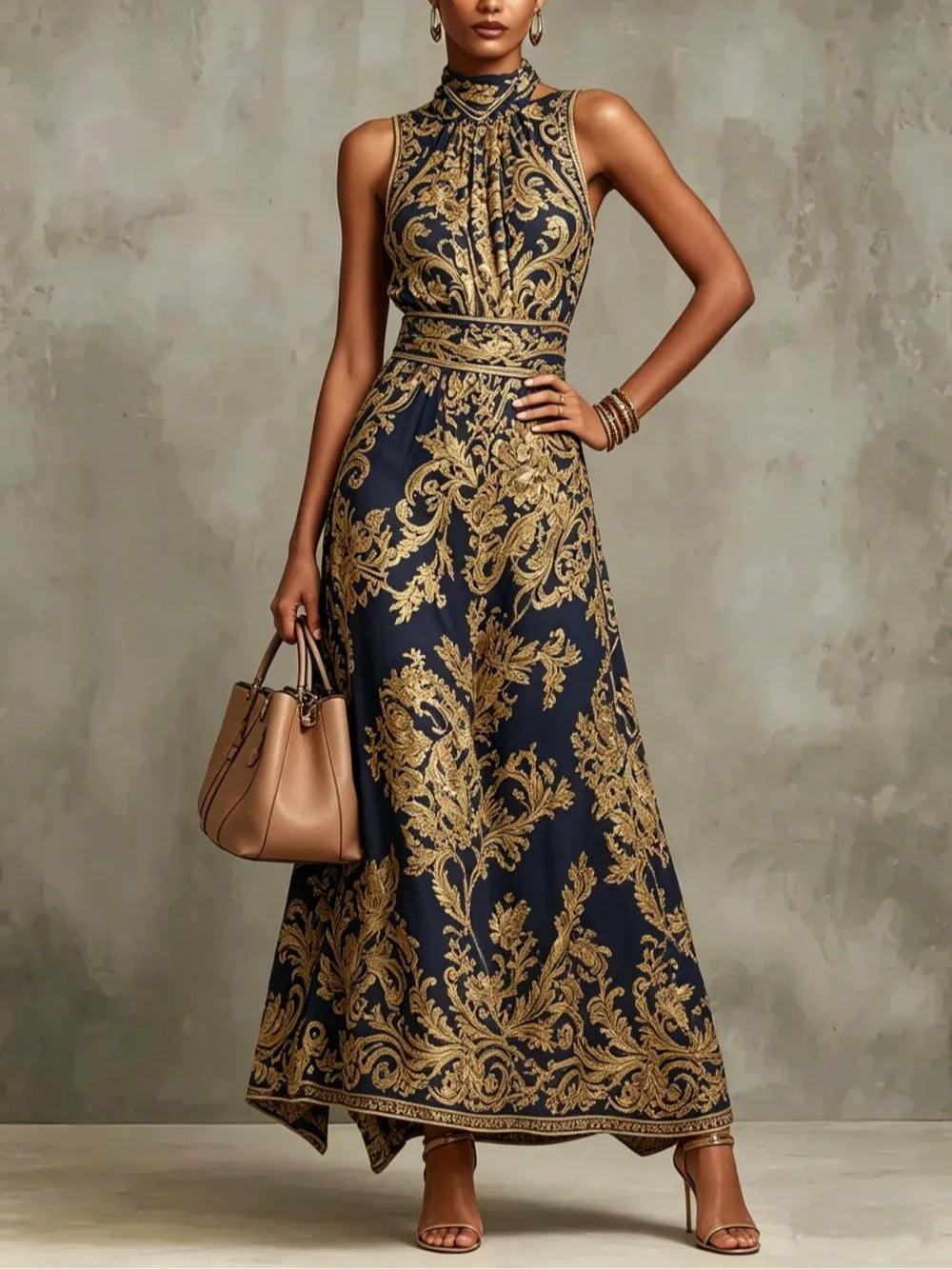 Elegant Navy Gold Baroque Print Maxi Dress for Women with High Neck Sleeveless Belted Flowing Formal Wedding Guest Style