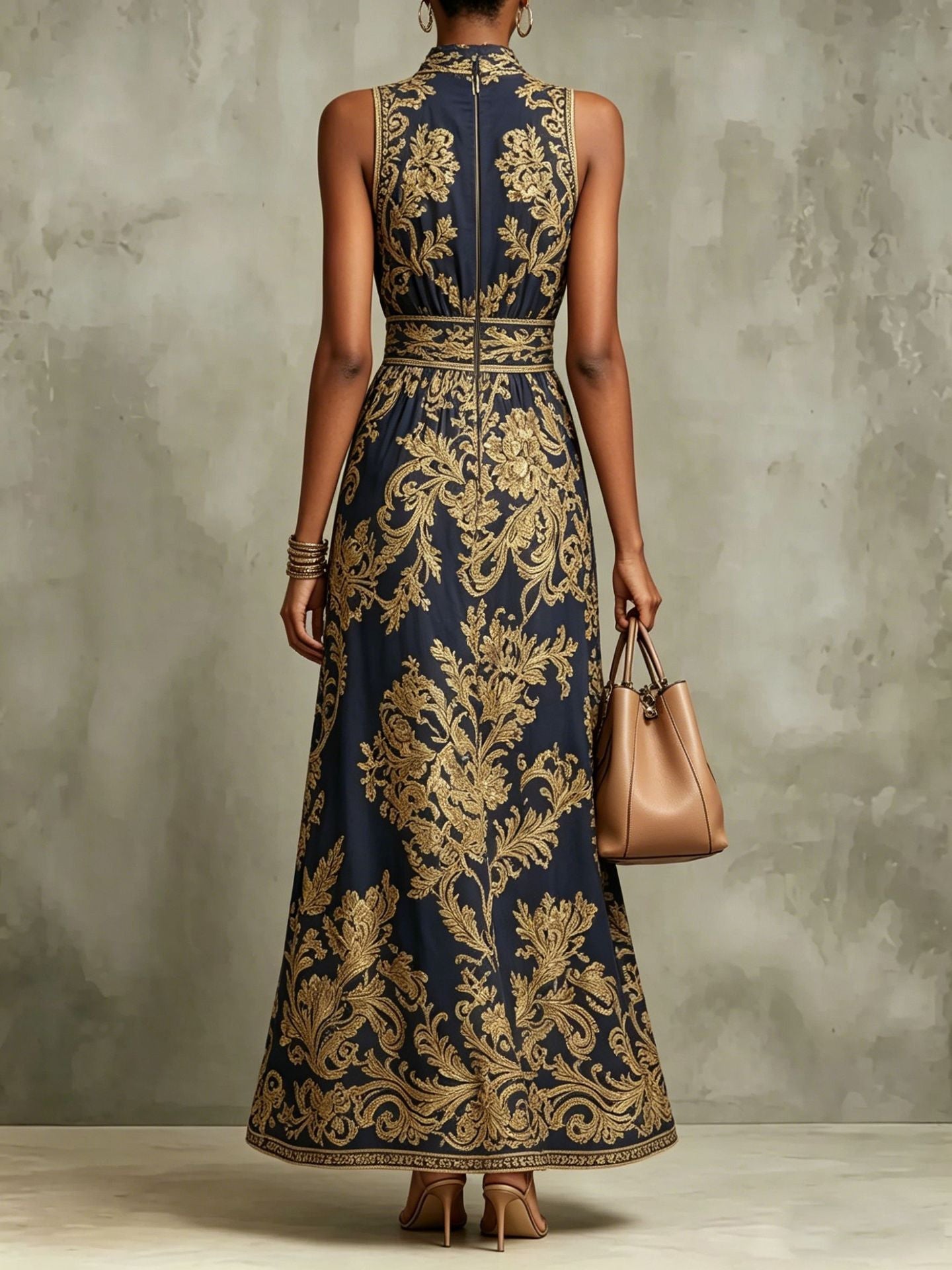 Elegant Navy Gold Baroque Print Maxi Dress for Women with High Neck Sleeveless Belted Flowing Formal Wedding Guest Style