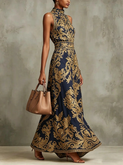 Elegant Navy Gold Baroque Print Maxi Dress for Women with High Neck Sleeveless Belted Flowing Formal Wedding Guest Style