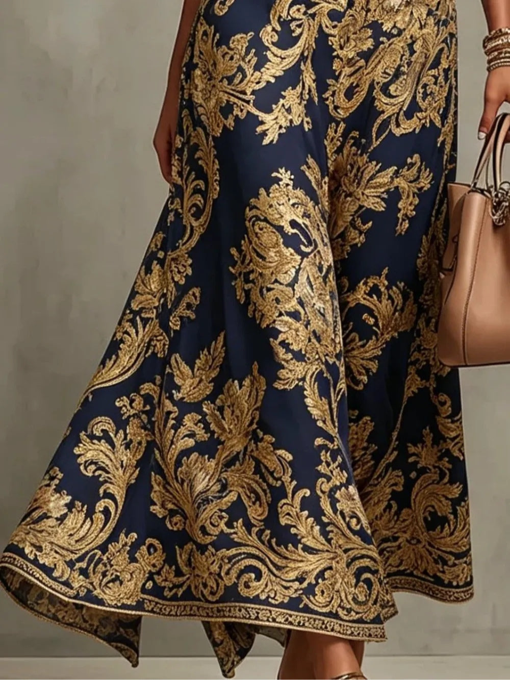 Elegant Navy Gold Baroque Print Maxi Dress for Women with High Neck Sleeveless Belted Flowing Formal Wedding Guest Style