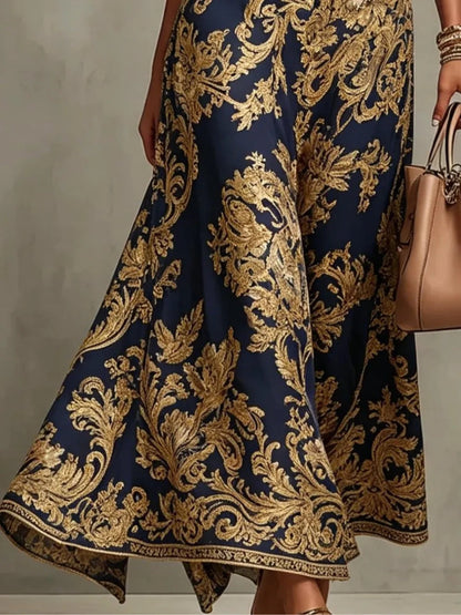 Elegant Navy Gold Baroque Print Maxi Dress for Women with High Neck Sleeveless Belted Flowing Formal Wedding Guest Style