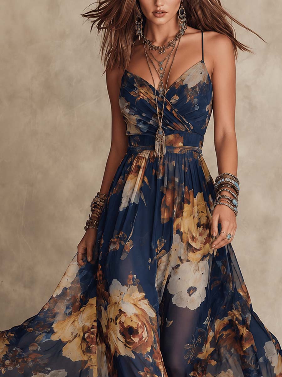 Effortless Navy Floral Maxi Dress for Women with V Neck Spaghetti Strap Flowing Bohemian Style