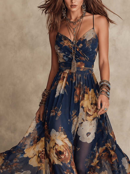 Effortless Navy Floral Maxi Dress for Women with V Neck Spaghetti Strap Flowing Bohemian Style