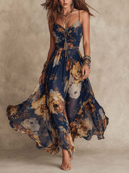 Effortless Navy Floral Maxi Dress for Women with V Neck Spaghetti Strap Flowing Bohemian Style