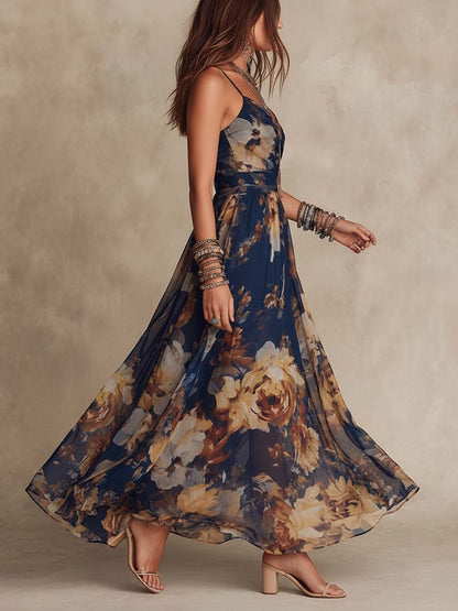 Effortless Navy Floral Maxi Dress for Women with V Neck Spaghetti Strap Flowing Bohemian Style
