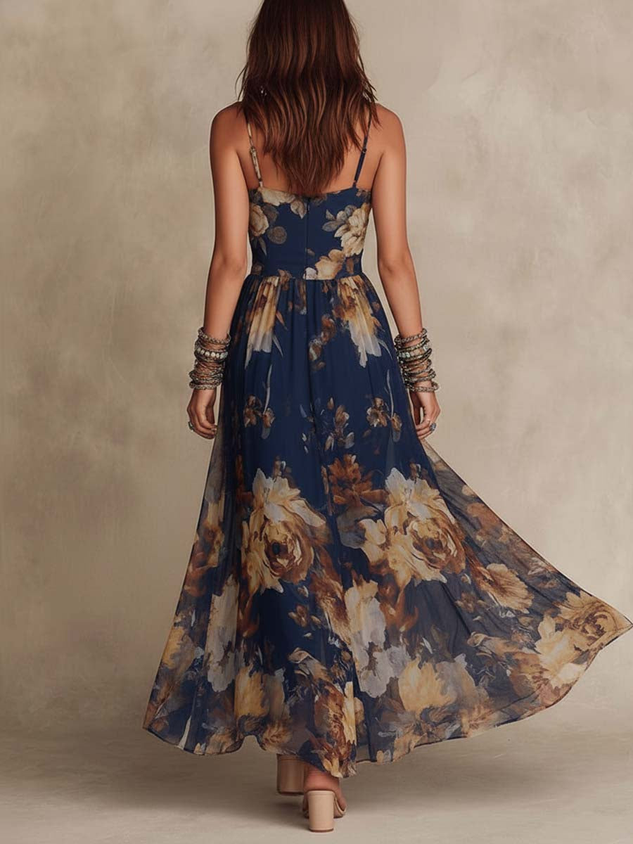 Effortless Navy Floral Maxi Dress for Women with V Neck Spaghetti Strap Flowing Bohemian Style