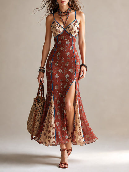 Elegant Rust Red Floral Maxi Dress for Women with V Neck Sleeveless High Slit Mermaid Bohemian Style