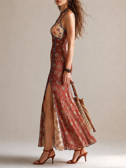 Elegant Rust Red Floral Maxi Dress for Women with V Neck Sleeveless High Slit Mermaid Bohemian Style