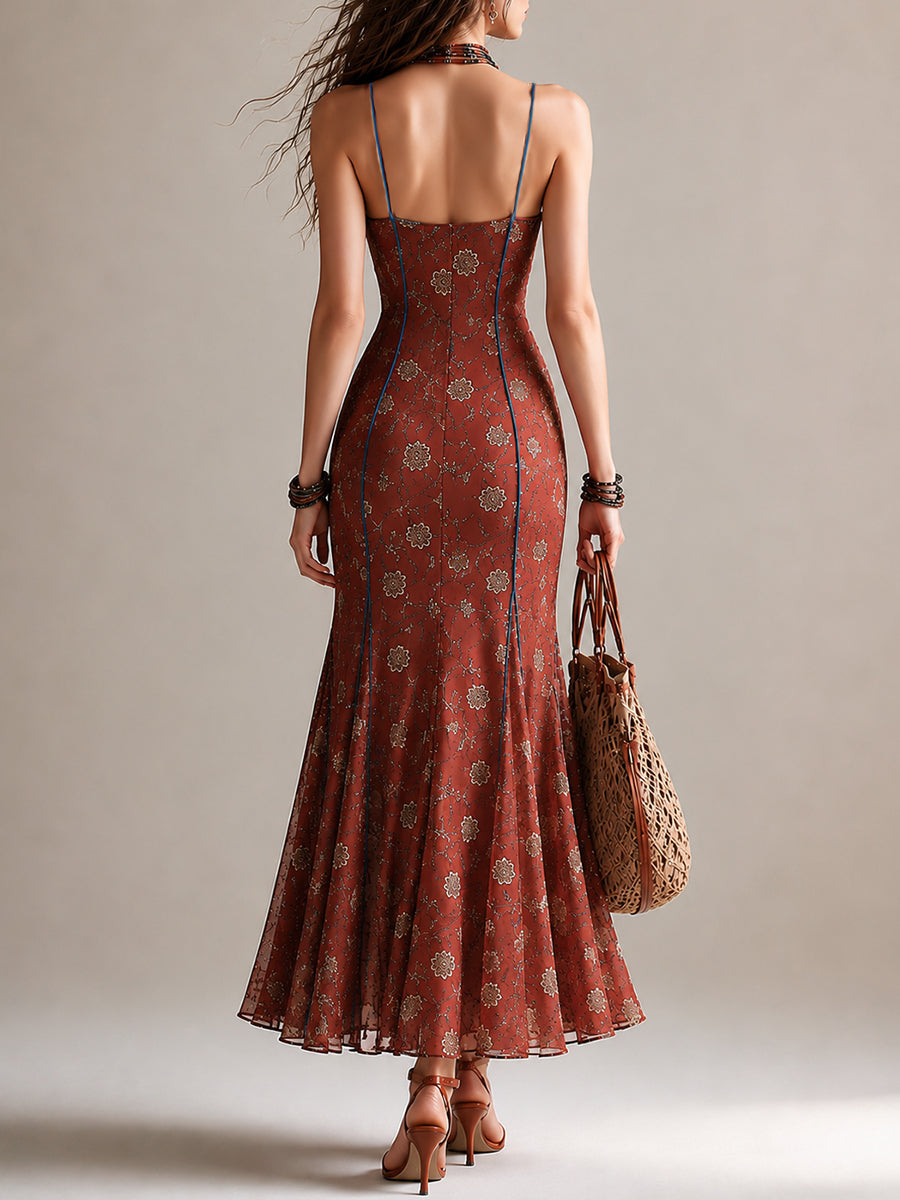 Elegant Rust Red Floral Maxi Dress for Women with V Neck Sleeveless High Slit Mermaid Bohemian Style