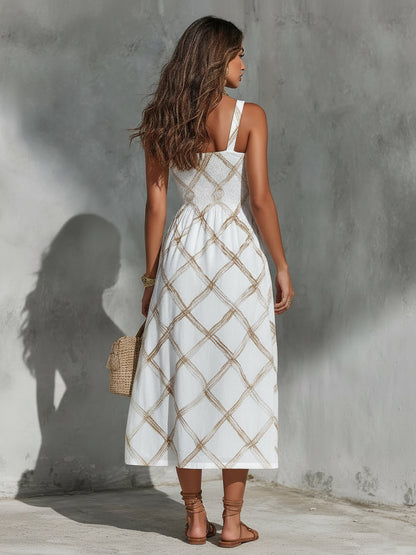 Elegant White Midi Dress for Women with Square Neck Sleeveless Geometric Print Column Flowing Style