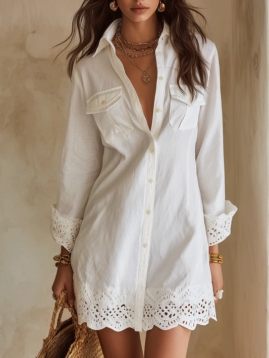 Effortless White Linen Shirt Dress for Women with Collared Button Front Long Sleeve Crochet Hem Style