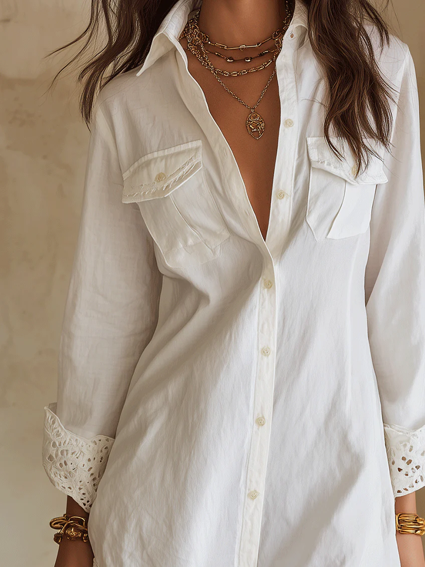 Effortless White Linen Shirt Dress for Women with Collared Button Front Long Sleeve Crochet Hem Style