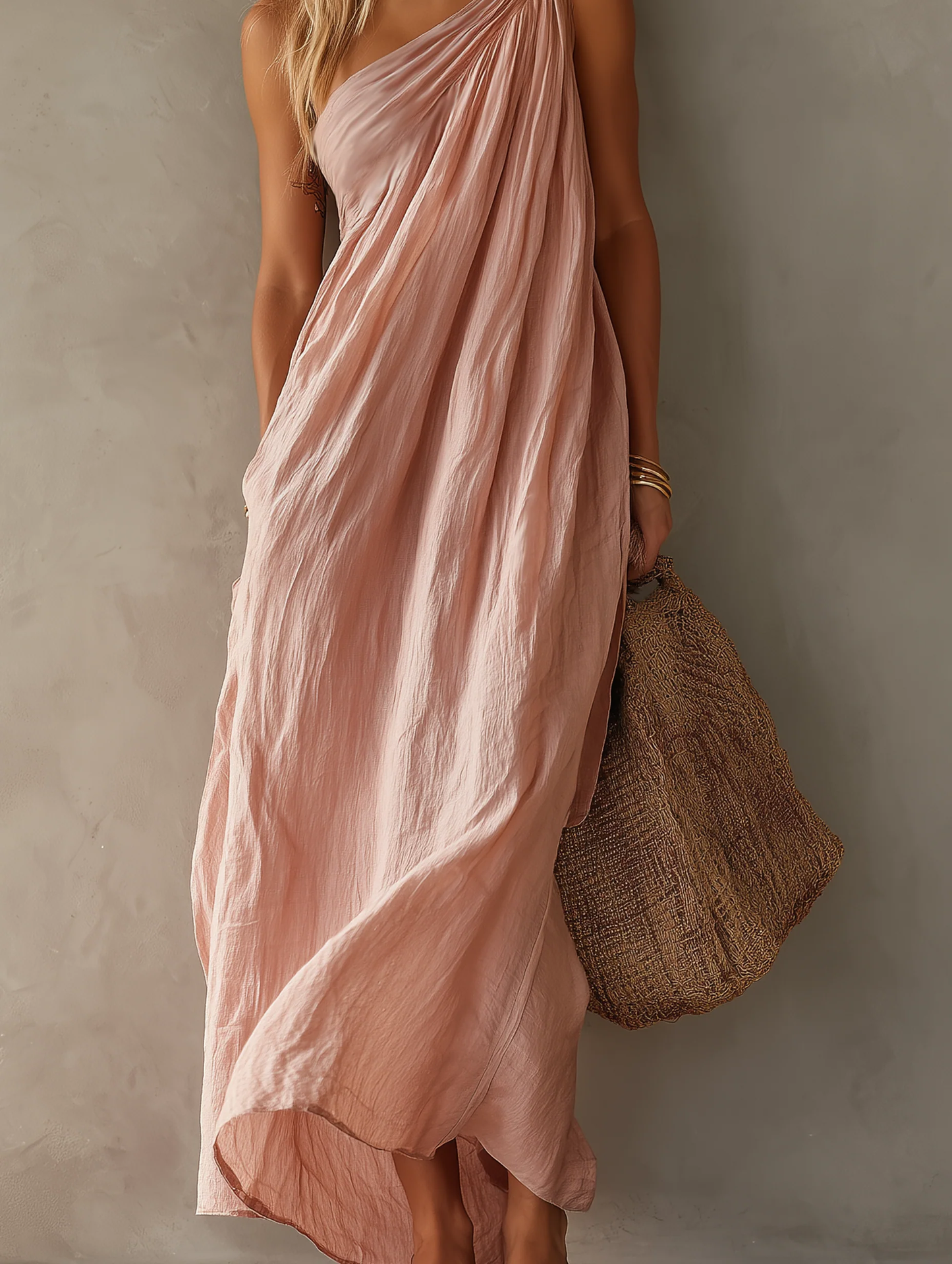 Effortless Draped Maxi Dress for Women with One Shoulder Sleeveless Ruched Flowing Bohemian Style