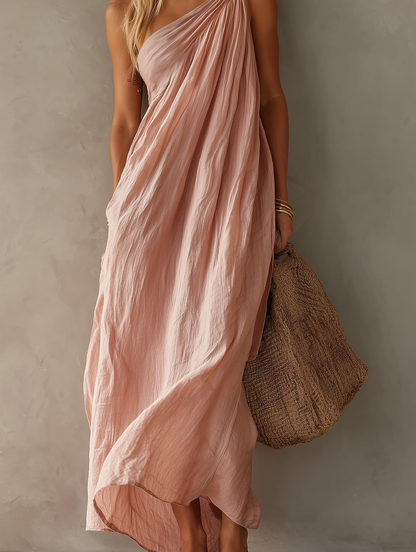 Effortless Draped Maxi Dress for Women with One Shoulder Sleeveless Ruched Flowing Bohemian Style