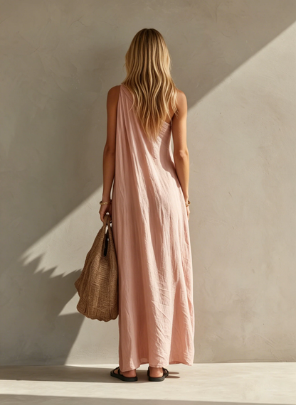 Effortless Draped Maxi Dress for Women with One Shoulder Sleeveless Ruched Flowing Bohemian Style