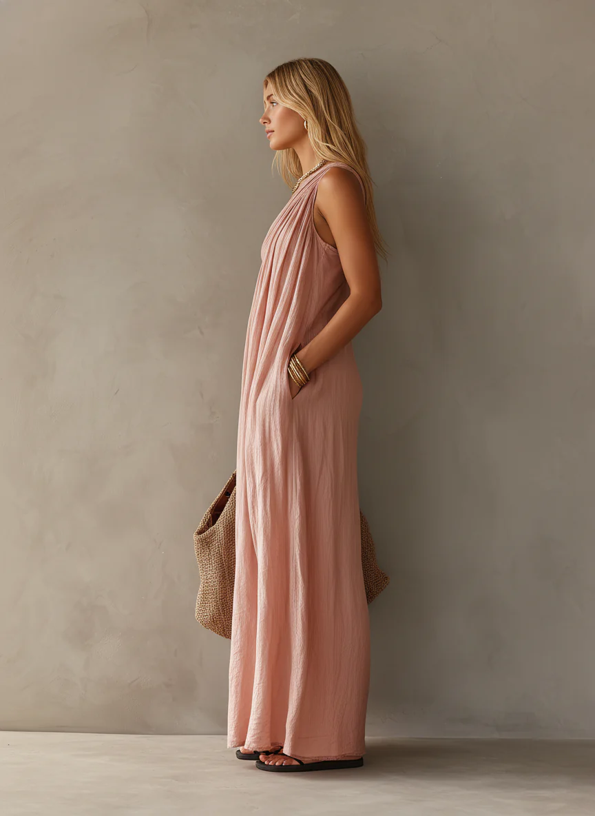 Effortless Draped Maxi Dress for Women with One Shoulder Sleeveless Ruched Flowing Bohemian Style