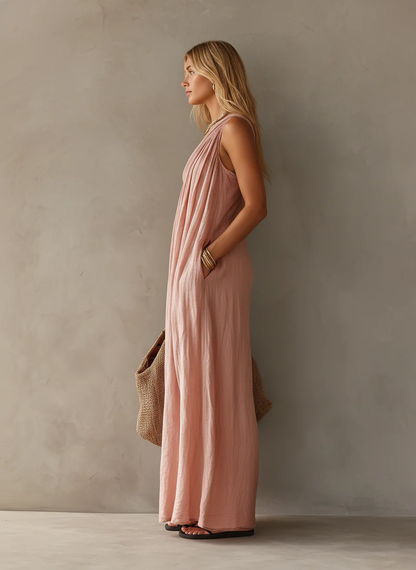 Effortless Draped Maxi Dress for Women with One Shoulder Sleeveless Ruched Flowing Bohemian Style