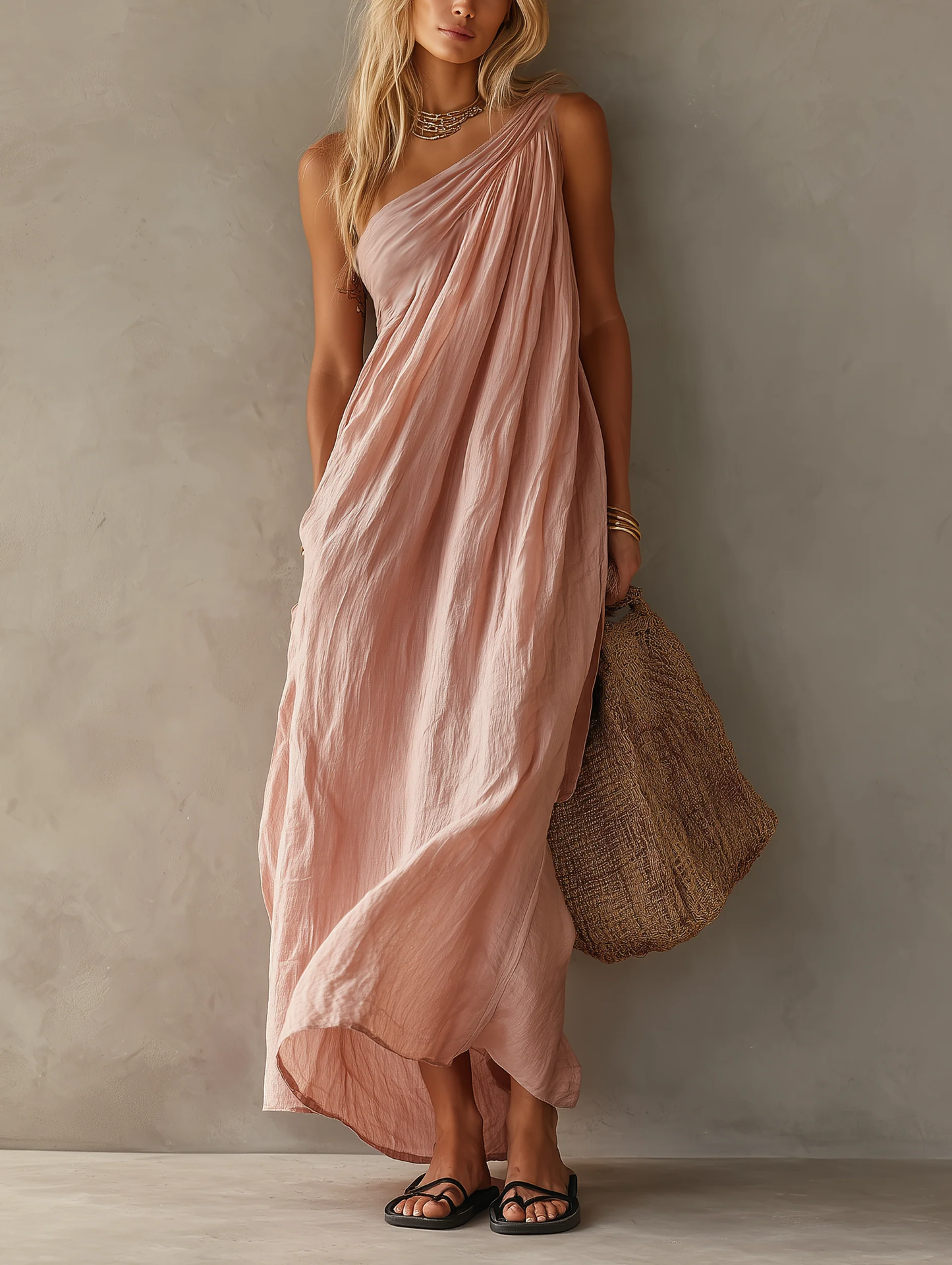 Effortless Draped Maxi Dress for Women with One Shoulder Sleeveless Ruched Flowing Bohemian Style