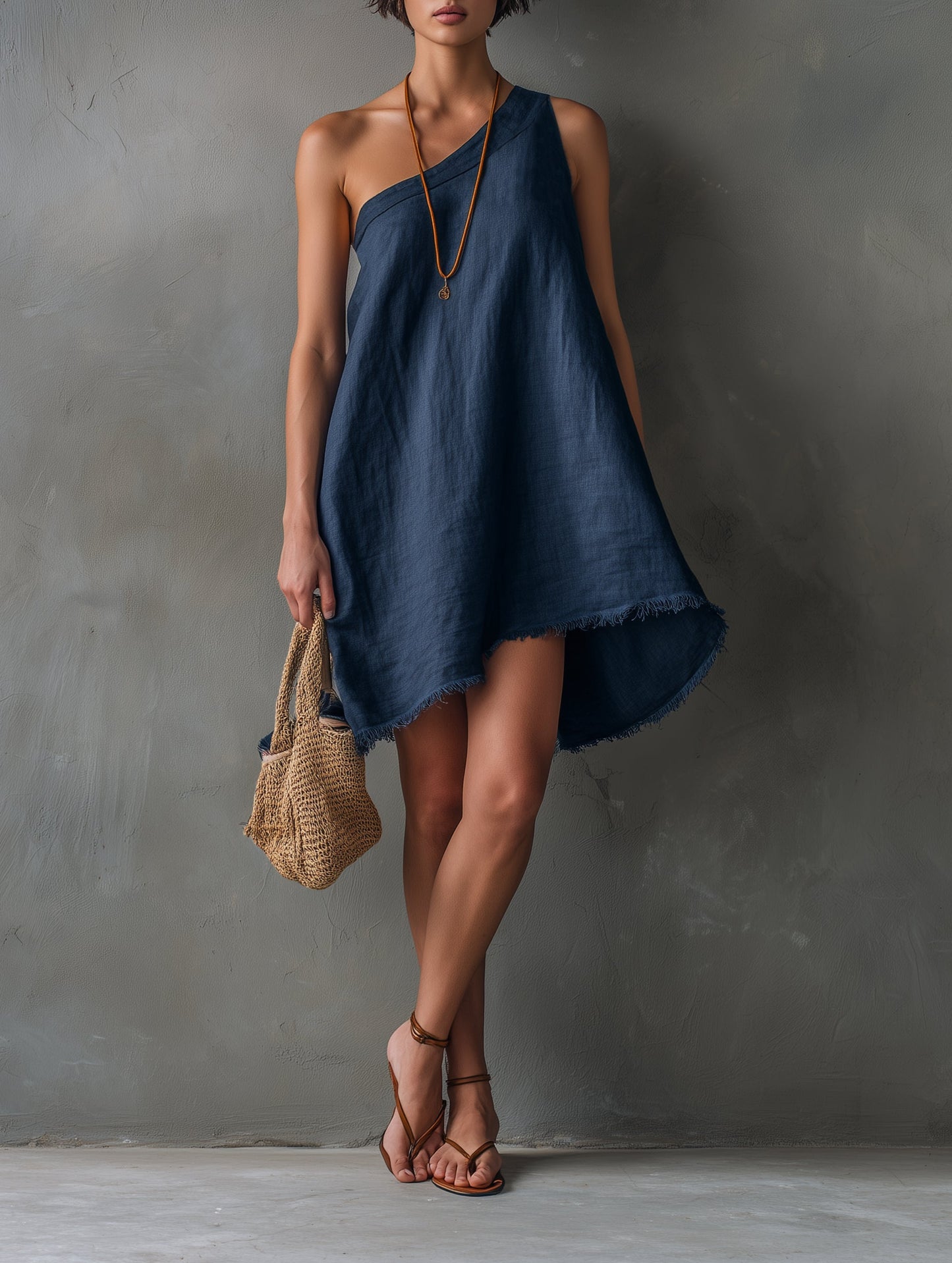 Elegant Navy Linen Mini Dress for Women with One Shoulder Sleeveless Frayed Hem Asymmetric Flowing Style