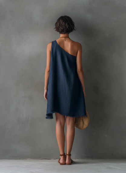 Elegant Navy Linen Mini Dress for Women with One Shoulder Sleeveless Frayed Hem Asymmetric Flowing Style