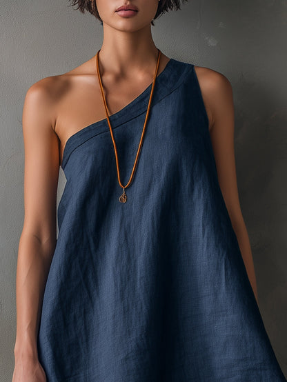 Elegant Navy Linen Mini Dress for Women with One Shoulder Sleeveless Frayed Hem Asymmetric Flowing Style