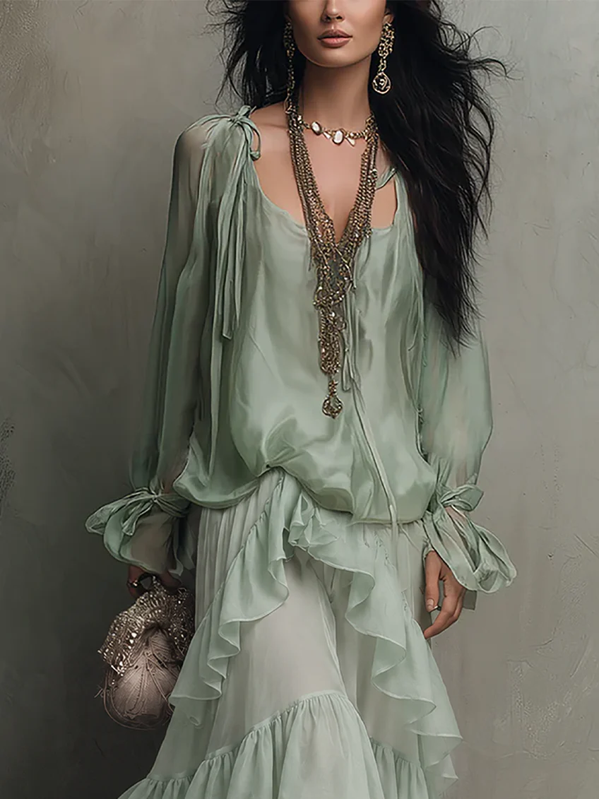 Effortless Mint Green Tiered Ruffle Maxi Dress for Women with V Neck Bishop Sleeve Flowing Bohemian Style