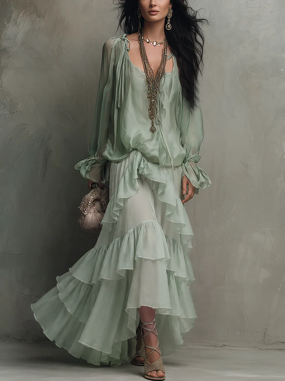 Effortless Mint Green Tiered Ruffle Maxi Dress for Women with V Neck Bishop Sleeve Flowing Bohemian Style