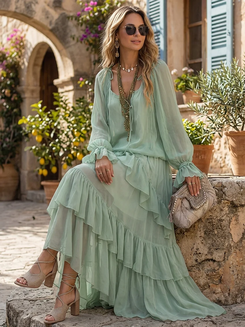 Effortless Mint Green Tiered Ruffle Maxi Dress for Women with V Neck Bishop Sleeve Flowing Bohemian Style