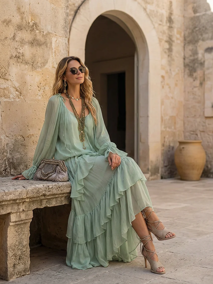 Effortless Mint Green Tiered Ruffle Maxi Dress for Women with V Neck Bishop Sleeve Flowing Bohemian Style