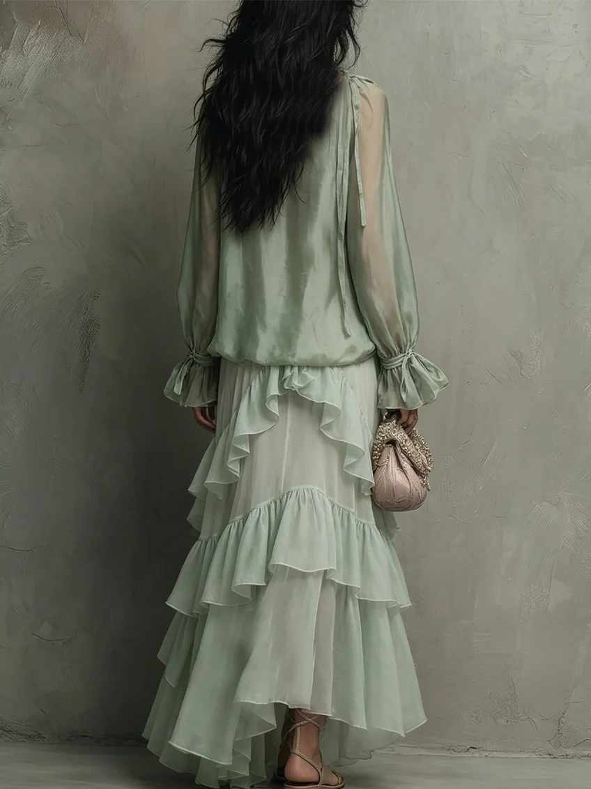Effortless Mint Green Tiered Ruffle Maxi Dress for Women with V Neck Bishop Sleeve Flowing Bohemian Style