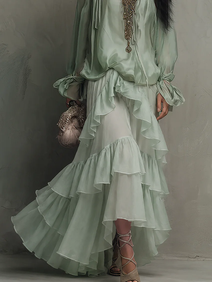 Effortless Mint Green Tiered Ruffle Maxi Dress for Women with V Neck Bishop Sleeve Flowing Bohemian Style